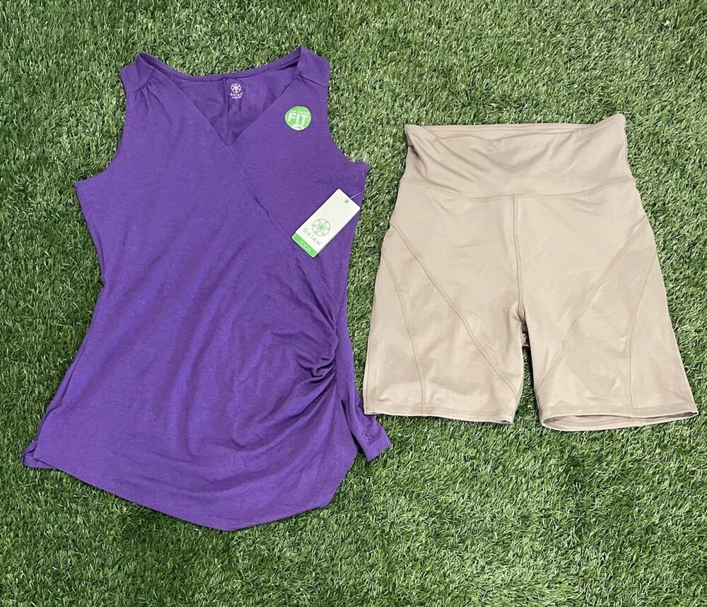 Gaiam Forever 21 Activewear Lot Womens M Medium Purple Tank NWT Tan Biker Shorts